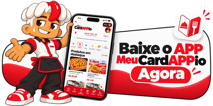 Mascote da Meu CardAPPio ao lado do celular e da mensagem: Baixe o APP Meu CardAPPio Agora