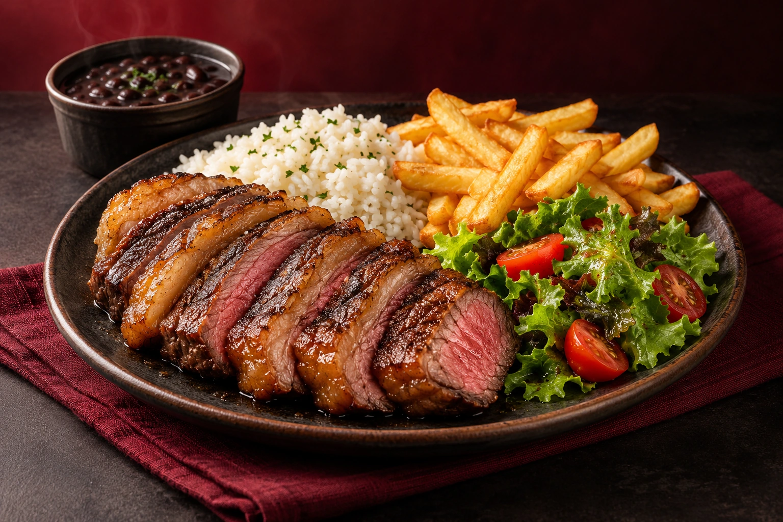 Prato de almoço com arroz, carne e salada